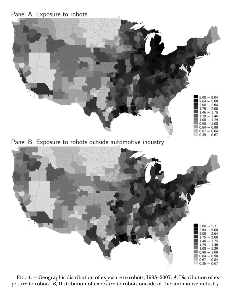 Geographic distribution of exposure to robots, 1993-2007